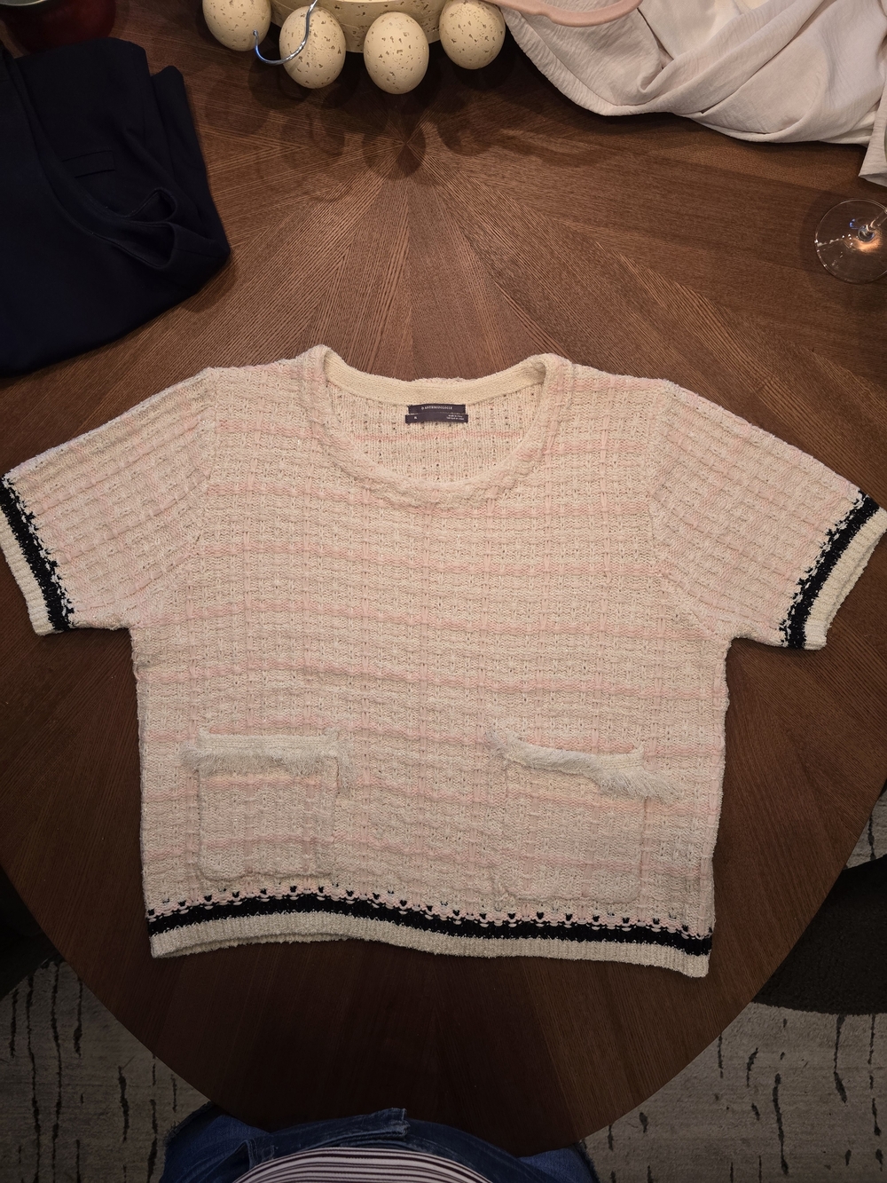 Anthropologie Cream & Pink Short-Sleeve Tweed Pocket Sweater